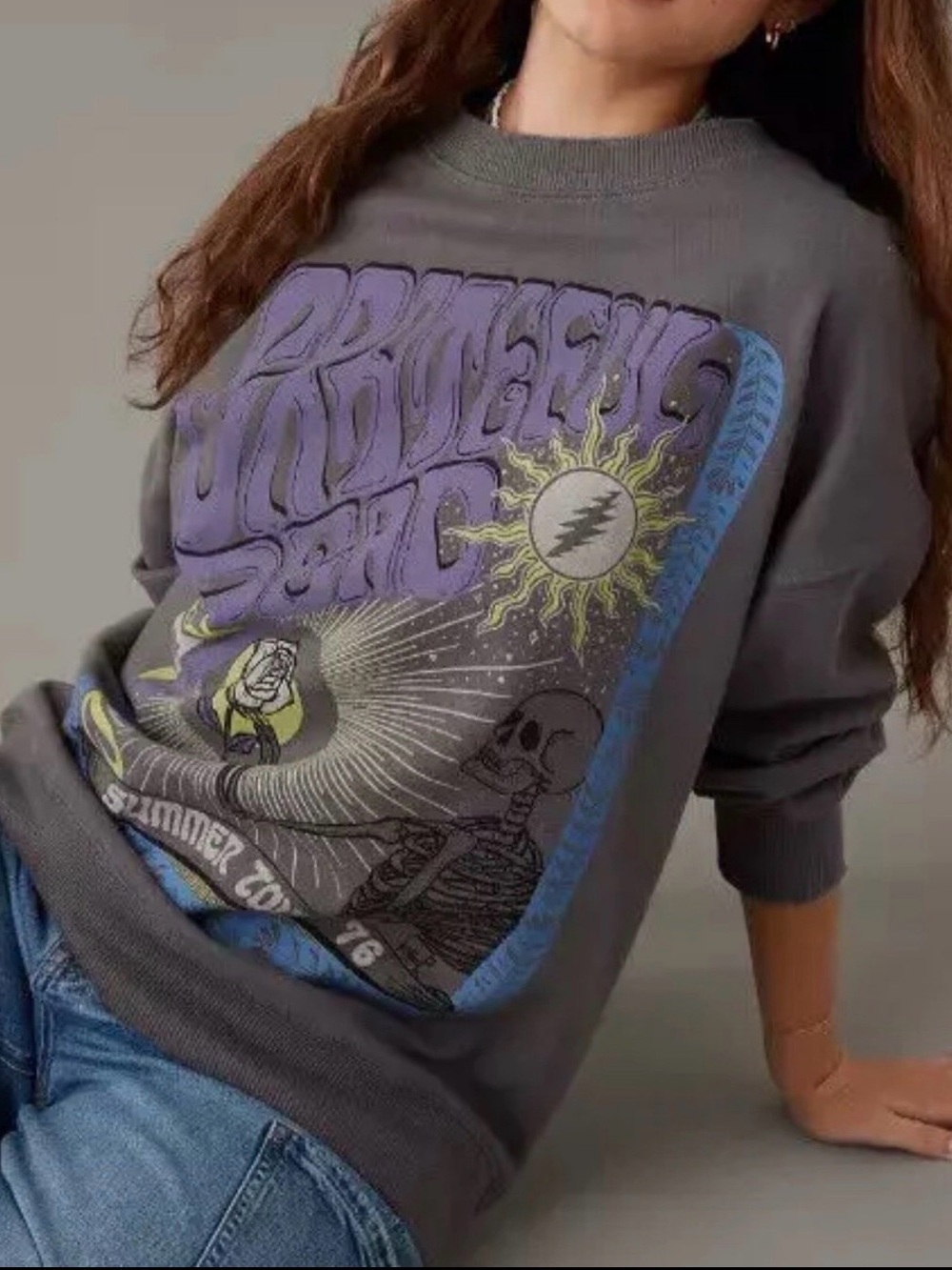 American Eagle Outfitters Gray Crewneck Sweater with Purple and Blue Graphic